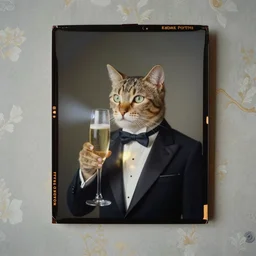 kodak portra 4 0 0, wetplate, flashlight, 8 5 mm carl zeiss, blueberry, award - winning colour portrait by britt marling : cat in a tuxedo drinking champagne, quadratic quadratic picture frames, haze, wallpaper, fog, no people