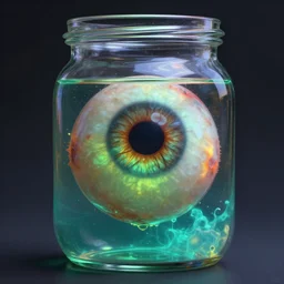 A highly detailed 4K fantasy matte painting of an eyeball in a jar filled with luminescent liquid zdzislaw beksinski, ArtStation, CGSociety, Unreal Engine