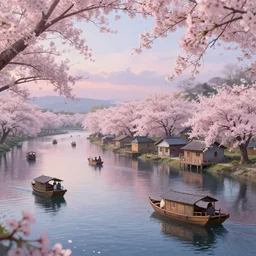a village of houseboats on the river | cherry - blossoms | highly detailed | very intricate | serene romantic fantasy whimsical magical | professional cinematic lighting | bokeh | dusk | studio ghibli | award - winning | matte painting by anton fadeev and paul lehr and rhads and alena aenami | pastel color palette | featured on artstation