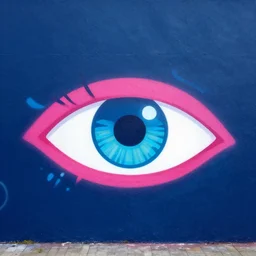 the all seeing eye, aesthetic, cyberpunk, neon colors, flat color, minimal, large spray graffiti on a dark blue wall by famous london graffiti artist