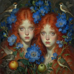 breathtaking detailed concept art painting blend of two redhair goddess of light blue flowers by hsiao - ron cheng with anxious piercing eyes, vintage illustration pattern with bizarre compositions blend of flowers and fruits and birds by beto val and john james audubon, exquisite detail, extremely moody lighting, 8 k