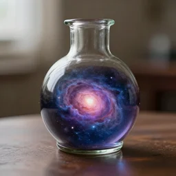 there is a glass bottle sitting on a table, it contains a universe