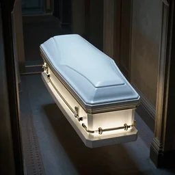 a glowing coffin, floating through a hallway, film still from the movie directed by denis villeneuve and david cronenberg with art direction by salvador dali and dr. seuss