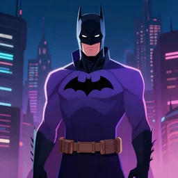 gradient bruce timm style vector environment. smooth suit. mid shot portrait of the cyberpunk mouthless terry mcginnis batman from the show \ batman beyond \. batmanbeyond. futuristic gotham bg. masterpiece octane artstation render. fzd. artgerm, michael garmash, jeremy lipkin, craig mallismo. lighting by james gurney.