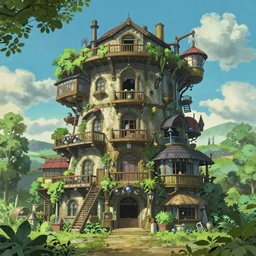 A Huge Steampunk Old Apartment Building, by Miyazaki, by Vincent Di Fate Nausicaa, Ghibli, Breath of The Wild, epic composition, green plants, octane render, trending on artstation