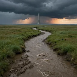 muddy river leads to sea by hiroshi yoshida, marc simonetti, roger deakins, turner, rothko, hyperrealism, cinematic, grassland, dramatic storm sunset, distant concrete monolith, matte painting, fluid simulation, tonalism, volumetric light, trending on artstation, cgsociety, high detail concept art, top view, rendered in octane