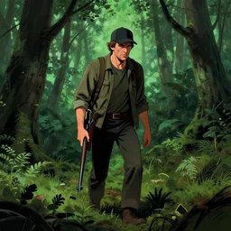 illustration, 1 9 8 0 s, a man with a baseball hat and a rifle walking through a lush forest, apprehensive atmosphere, scary tension, post apocalyptic, 1 9 8 0 s stephen king style