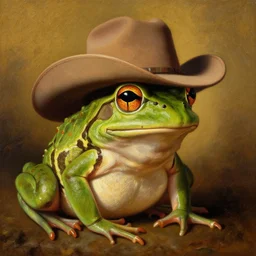 frog with cowboy hat, painted by rembrandt, intricate, ultra detailed, painting, atmospheric lighting, golden hour.