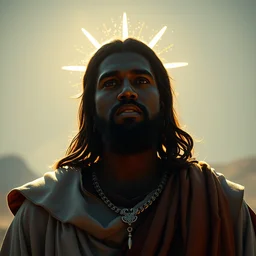 photo full body portrait of kanye west as jesus in skyrim, sun behind head, saint, holy, splash art, movie still, cinematic lighting, dramatic, octane render, long lens, shallow depth of field, bokeh, anamorphic lens flare, 8 k, hyper detailed, 3 5 mm film grain