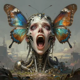 death is swallowed up in victory, very detailed and beautiful face, screaming in fear, mechanical butterfly, artwork by artgerm, centered shot, wide angle, full body, islandpunk, solarpunk, fantasy, highly detailed, digital painting, artstation, smooth, sharp focus, art by thomas kinkade and h. r. giger and kevin swartz