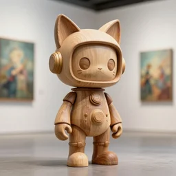 3 d octane render ultra 8 k photorealistic hyper detailed unreal engine a vhs futurepunk concept art, trending on cgsociety artwork masterpiece in a contemporary art gallery lossless quality wooden sculpture statue on feet art toys a very cute mystical robot of the bohemian with cats ears by moebus