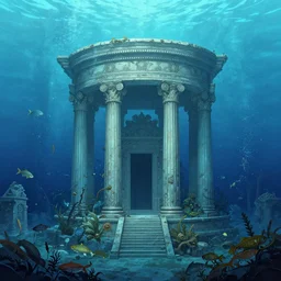 sunken underwater temple in the abyss, fish, palladian, doric, illustration, concept art, digital art, colorful, blue, detailed, by yanjun chen, by garry larrson, arstation