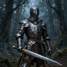Hyper realistic painting of a knight in rusty full plate armor wielding a greatsword, hyper detailed, surrounded by a dark forest, fog, moody, cinematic lighting, dim blue lighting, by greg rutkowski, trending on artstation