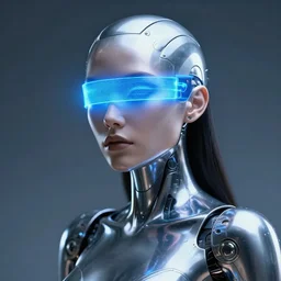 cybernetic chrome woman with horizontal glowing blue band for eyes