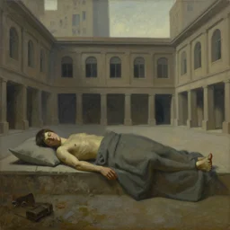 sleeping titan, brutalist, courtyard, dystopian, pj crook, edward hopper, oil on canvas
