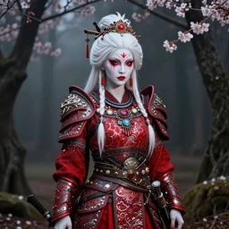 albino geisha warrior ornated viking armor pagan makeup in the woods, detailed, smokey background, jewelry, sakura,photograph, award wining, red and white, trending on artstation, punk attitude, 4k, unreal engine 5, octane render, neon highlights