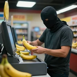 a masked man at a self checkout stealing a banana, trending on artstation, depth field, unreal engine, cinematic, hyper realism, high detail, octane cinema 4 d render, a 2 4 cinematography, 8 k