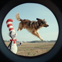 dog flying through the air, film still from the movie directed by denis villeneuve and david cronenberg with art direction by h. r. giger and dr. seuss, wide lens