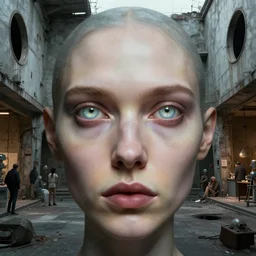 detailed face of a woman with opalescent eyes in a brutalist courtyard with portholes at a science expo, atmospheric, ambient, pj crook, syd mead, livia prima, artgerm, greg rutkowski, nick alm, casey baugh