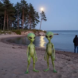 two humanoid aliens with large eyes, standing on a beach at baltic sea, near a pine forest, early evening, dim light, moon reflects on the water, photo quickly taken by someone passing by a cctv, candid photo, spooky, wide shot, detailed