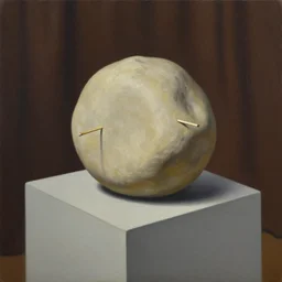painting of art exibit of a beige round boulder with matchstick implanted on its side, on a cube shaped table against a dark brown curtain, surreal painting, impressionist painting, ivan seal,