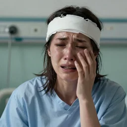 a portrait of a female mental asylum hospital patient filled with pain and anguish and expression, crying, torn, extreme sadness, hopeless, bandaged head, very dark, depressing, grim, moody, atmospheric lighting, cinematic, unreal engine, by nicola samori