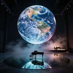 a large scale art installation. big mirror floor reflect sphere and piano on center. space liquid planet visuals projected on single big suspended sphere inside giant and dark printworks venue. live music piano concert. stage design. fog, hazer and light in dark