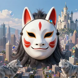 hyper realistic Princess Mononoke in her mask, busy metropolis, city landscape, wolves, magic, castle, jewels, style of tom bagshaw, mucha, james gurney, norman rockwell, gems and gold, waterfalls, denoised, sharp, yellow purple colours,
