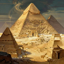 sharp focus, alphonse mucha, cgsociety, illustration, artstation, highly detailed, art by greg rutkowski, ancient civilization, concept art, digital painting, cinematic lighting, mystical landscape, mysterious pyramids