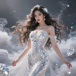 a beautiful female goddess of diamonds character, character is in all its glory, character is in her natural relaxed pose, rim lights, particles and air smoke in the air, fancy clouds, highly detailed professional photo, dynamic lights, particles are flying, depth of field, trending on artstation, illustration, hyper realistic, vray caustics, super detailed, colorful accents, cinematic shot