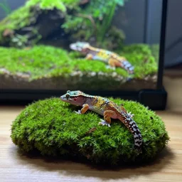 moss on the table and gecko sitting inside a terrarium, moss on the background