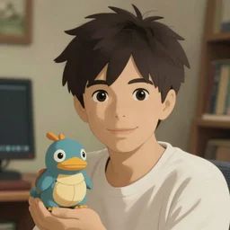 friendly guy with small creature in the studio ghibli movie art smooth 8k highly detailed, detailed face, beautiful scene,details, anime style, art