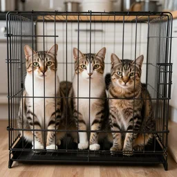 cats in a cage in kitchen,