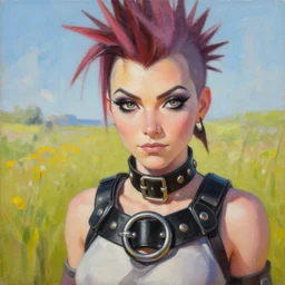 oil painting of punk tracer overwatch in a field wearing very large black leather belt choker collar around neck, in style of mark arian, expressive face, very detailed face, very detailed eyes, full body, feminine face, detailed makeup on eyes, tracer overwatch,
