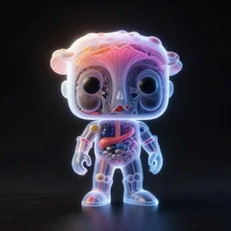 Simple chromatic xray, bionic exploded drawing, crossection funko pop toyfigure fungus sculpture, jellybeans, organs, kidney, by david lachapelle, by angus mckie, by rhads, in a dark empty black studio hollow, c4d, at night, rimlight, c4d, by jonathan ivy, by alex grey, Haeckel