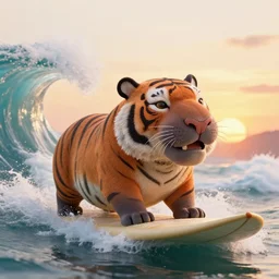 a closeup photorealistic render of a cute smiling tiger hippopotamus riding a large wave during sunset. surf in the background. intricate stitching. professional capture. brightly lit scene. this 4 k hd image is trending on artstation, featured on behance, well - rendered, extra crisp, features intricate detail, epic composition and the style of unreal engine.