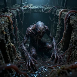 a dark slimy creature lost in the sewers, ultra realist, surrounded by thrashes