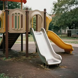 a nostalgic playground, with the slide broken, liminal photo, out of reality