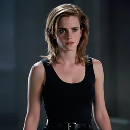 a cinematic still of Emma Watson as The Terminator. Terminator 2 Judgement Day.