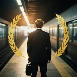 a 3 5 mm photo from the back of a businessman standing on a subway platform, splash art, movie still, bokeh, canon 5 0 mm, cinematic lighting, dramatic, film, photography, golden hour, depth of field, award - winning, anamorphic lens flare, 8 k, hyper detailed, 3 5 mm film grain