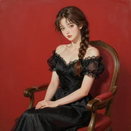 beautiful woman with braided brown hair, wearing an elegant dress, and sitting on a chair, highly detailed, painting, red and black color palette, intricate, high quality anime artstyle, beautiful view