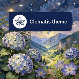 a beautiful painting of hydrangea and a landscape of the mountain valley, clematis theme logo, clematis theme banner, clematis design, clematis in the deep sea, clematis like stars in the sky, hydrangea, trending on artstation, warm light, lovely and cute, fantasy art, 8 k resolution, highly detailed