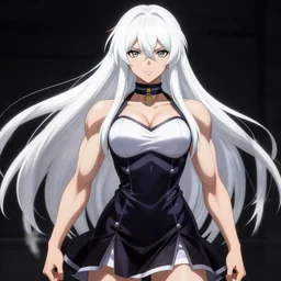 sakura ogami from danganronpa, a female japanese gigachad with long white hair, lots of muscles, a feminine dress, and angular features