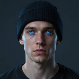 glowwave portrait of man with blue eyes and a beanie, au naturel, hyper detailed, digital art, trending in artstation, cinematic lighting, studio quality, smooth render, unreal engine 5 rendered, octane rendered, art style by klimt and nixeu and ian sprigger and wlop and krenz cushart.