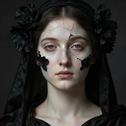 hyperrealism close - up mythological portrait of a beautiful medieval woman's shattered face blended with black flowers in style of classicism using the fibonacci golden ratio, pale skin, ivory make up on the eyes, wearing black silk robe, dark and dull palette