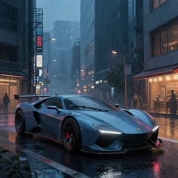Cyberpunk street with futuristic car in the foreground on a rainy day in Japan, evening, low angle view, detailed matte painting, cinematic, Moebius, Artstation