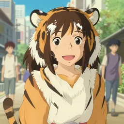 a film still of a cheerful girl a tiger, finely detailed features, perfect art details, in a city, sun, gapmoe, yandere, trending on pixiv fanbox, painted by ( ilya kushinov ) makoto shinkai takashi takeuchi studio ghibli akihiko yoshida, makoto shinkai!!!