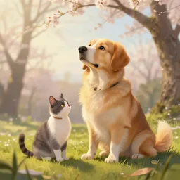 dog and cat funny, volumetric lighting, spring early, nice slight overcast weather, realistic illustration, perfectly shaded, ( golden hour ), soft painting, low angle, art by sven nordqvist