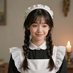 a (sadly) (((smiling)))) black haired, young hungarian servantmaid from the 19th century who looks very similar to ((Lee Young Ae)) with a two french braids, detailed, soft focus, candle light, pastel, character concept art by Csók István,  John Everett Millais, Henry Meynell Rheam, Munkácsy, Csók István, and da Vinci