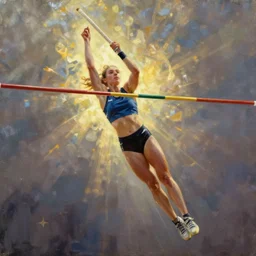 woman pole vaulting, oil painting